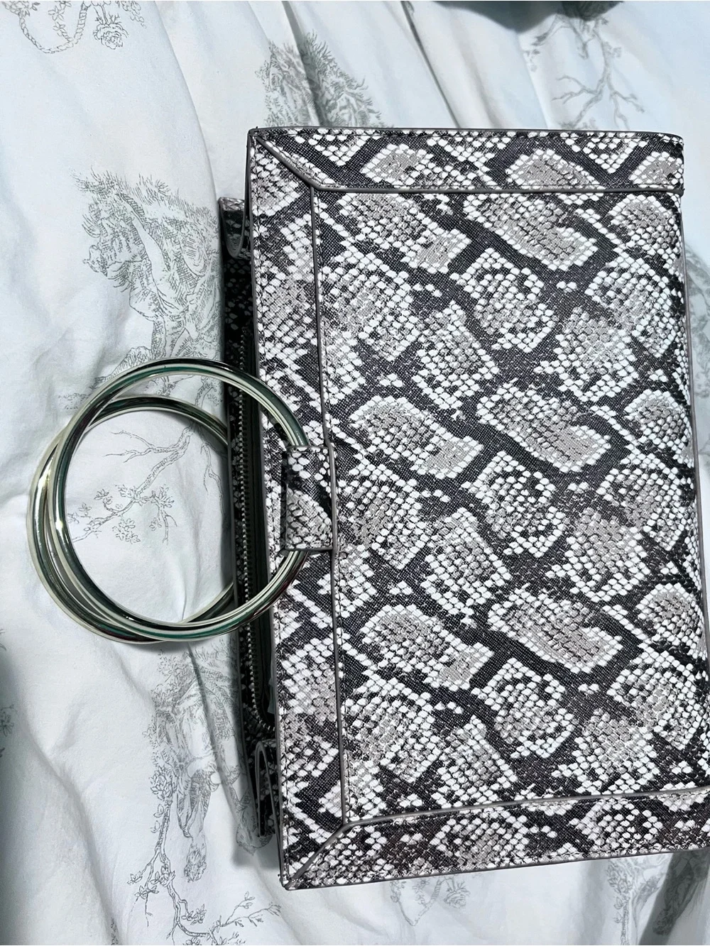 White House Black Market Black & White Snake-Print Ring Handle Clutch